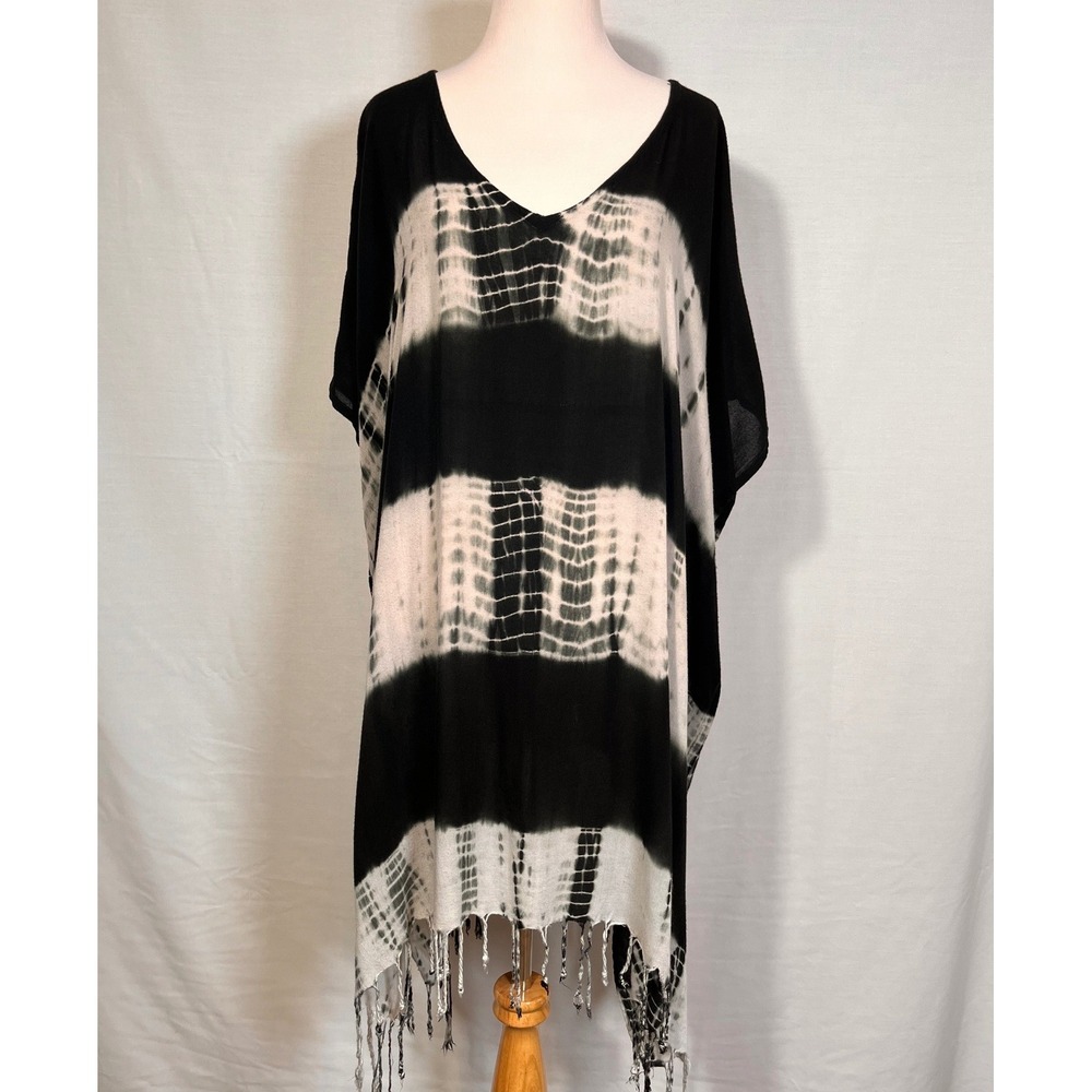 Black White Tie Dye Kaftan Dress Fringe Tassel V-Neck Oversized Coverup Tunic